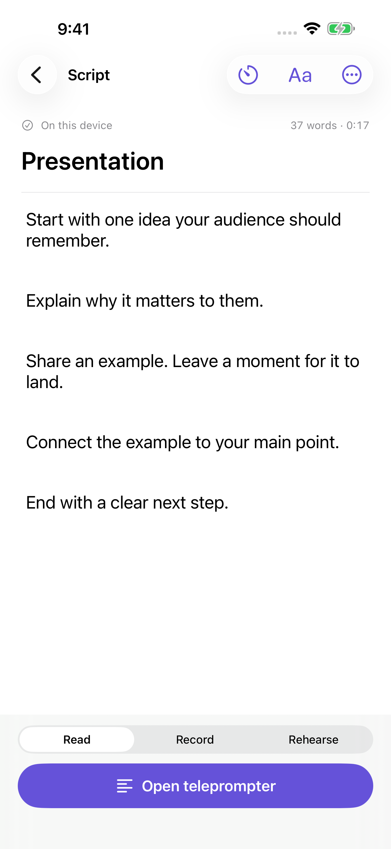 Cuearo script editor on iPhone, with a presentation and Read, Record and Rehearse modes.