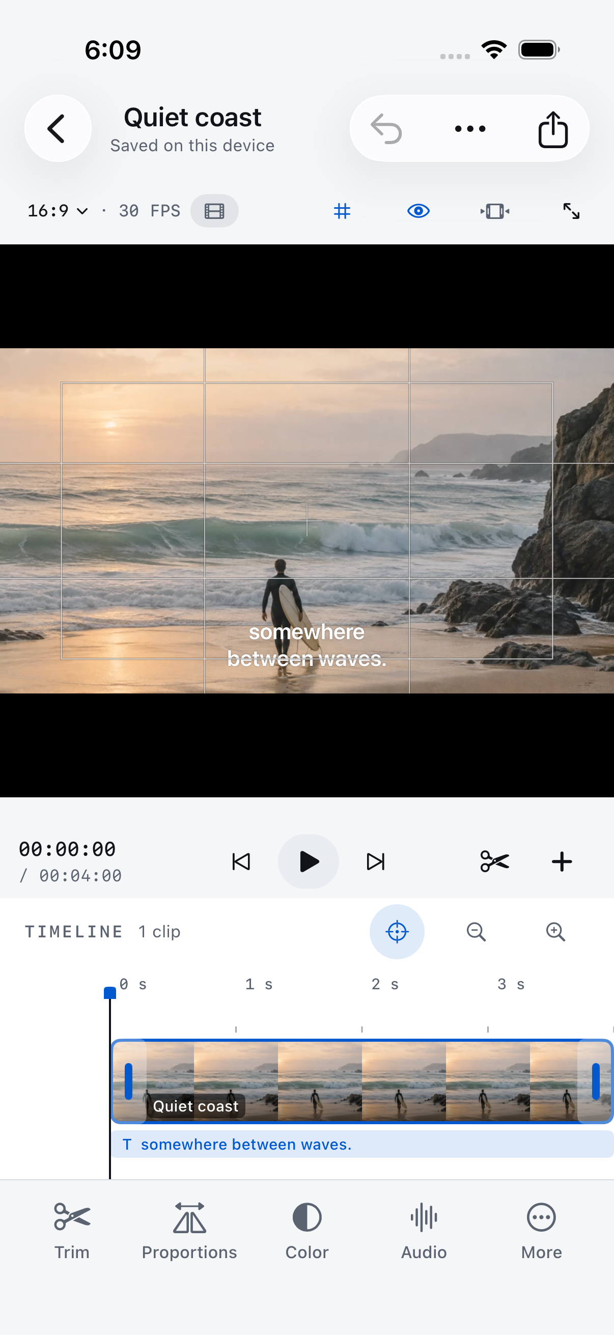 Kleivo video editor showing a coastal film, editable text and a clip timeline in the light interface.